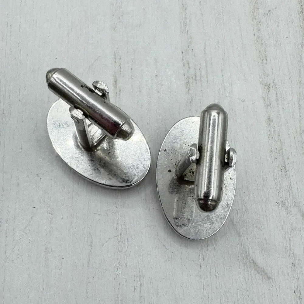 Vintage MCM Mid Century Modern Oval Cufflinks Baguette Rhinestones Silver Tone T